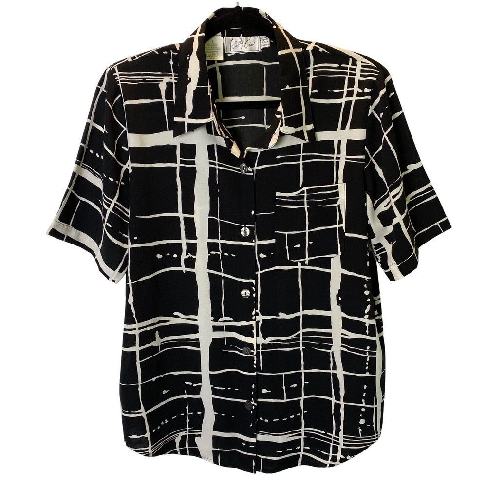 Vintage Kathy Che‎ Button Down Blouse Womens Size 8 Abstract Grid 90's Mod Retro